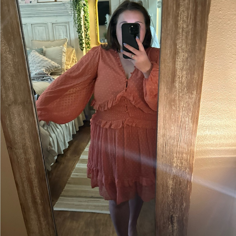 ASOS Curve button through pintuck mini textured dress in deep rose